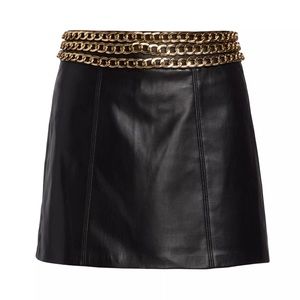 Alice + Olivia Rizo Black Faux Vegan Leather Mini Skirt with Chain